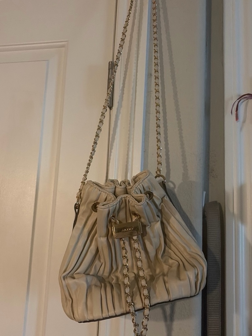 Beige Drawstring Chain-Handle Shoulder Bag